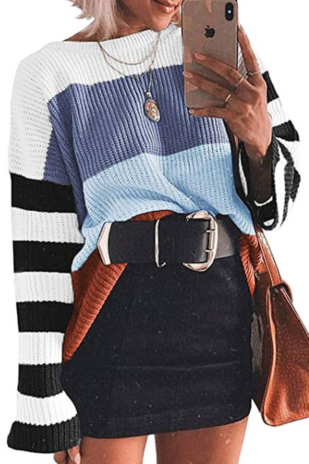 Women Pretty Stripe Pattern Loose Fit Easy To Wear Knitted Winter Sweater