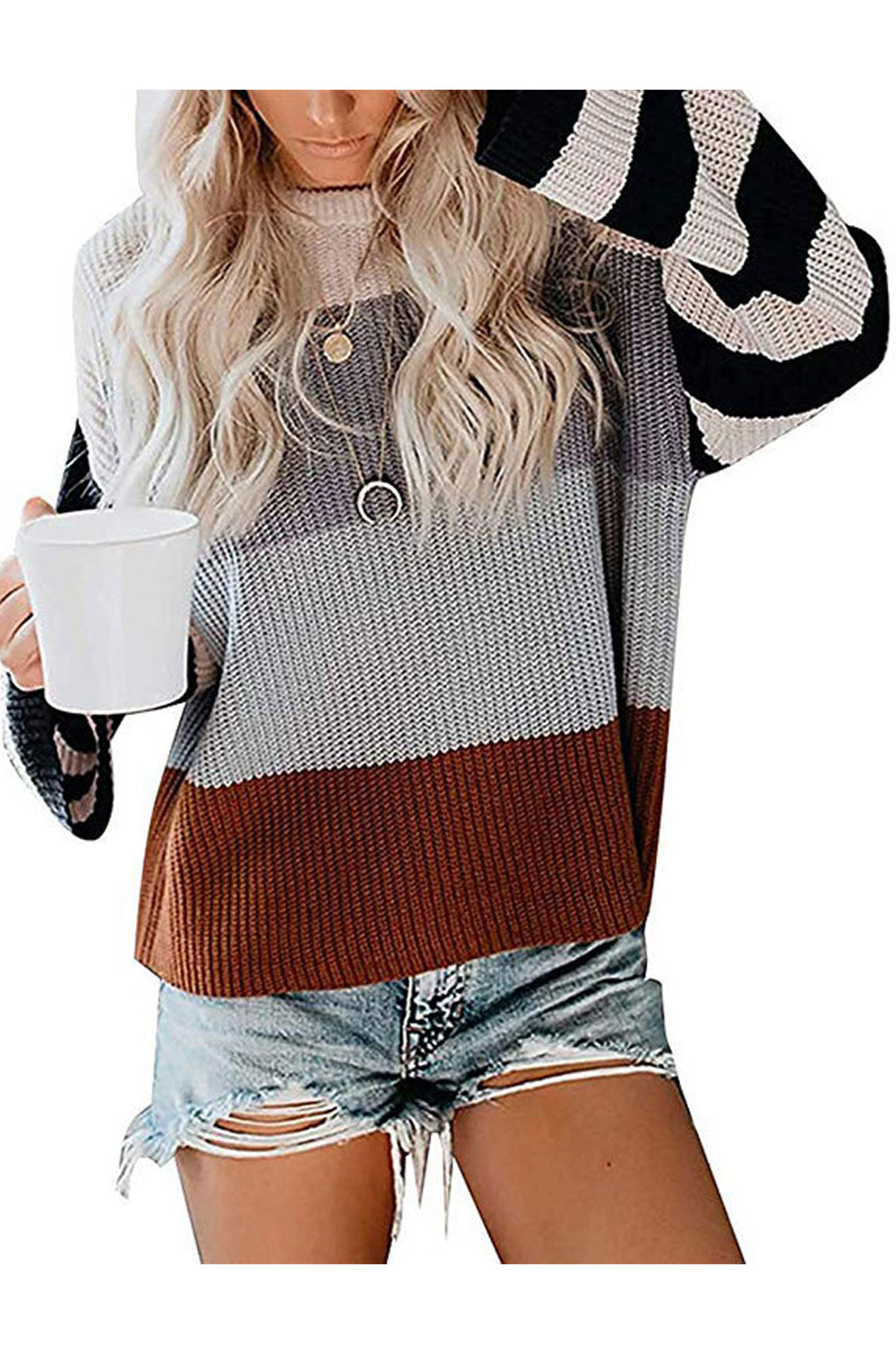 Women Pretty Stripe Pattern Loose Fit Easy To Wear Knitted Winter Sweater