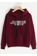 Women Awesome Letter Pattern Long Sleeve Comfy Ribbed Hem Winter Casual Drawstring Closure Hoodie
