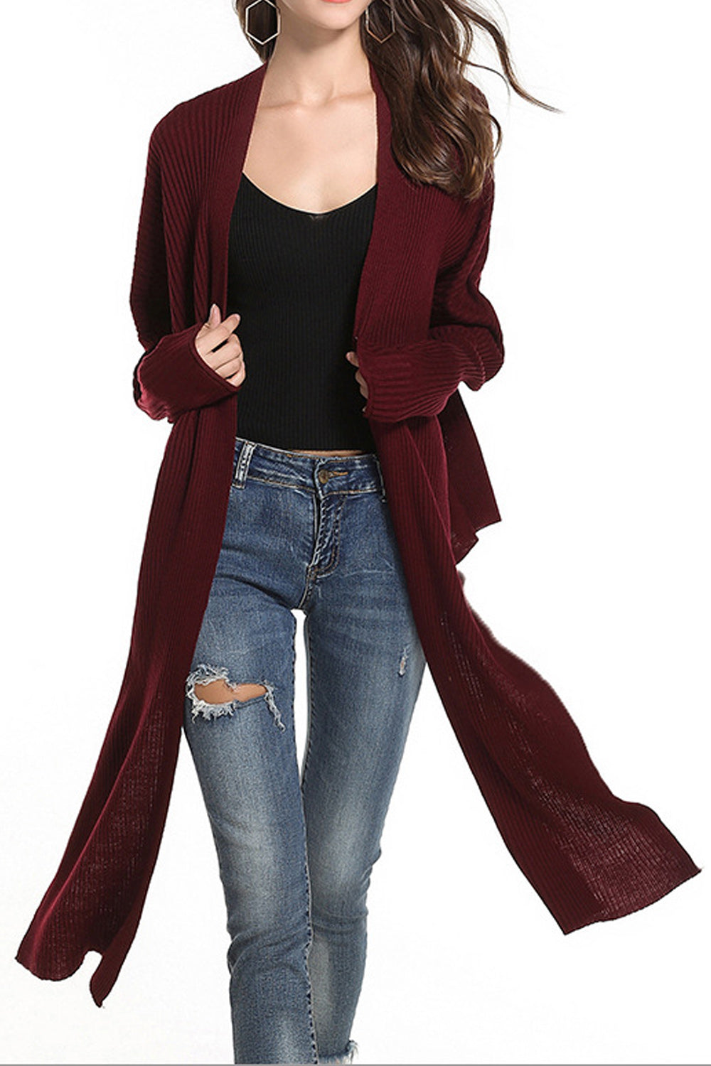 Women Autumn Solid Color Irrgular Hem Cardigan