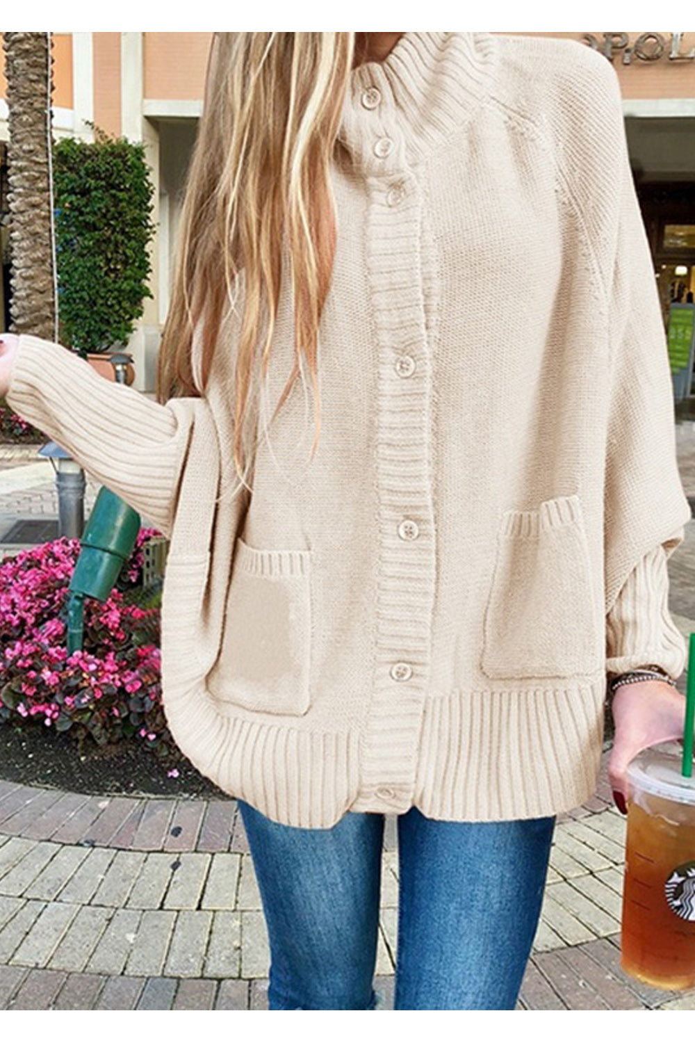 Women Lovely Warm Bat Sleeve Solid Color Cardigan