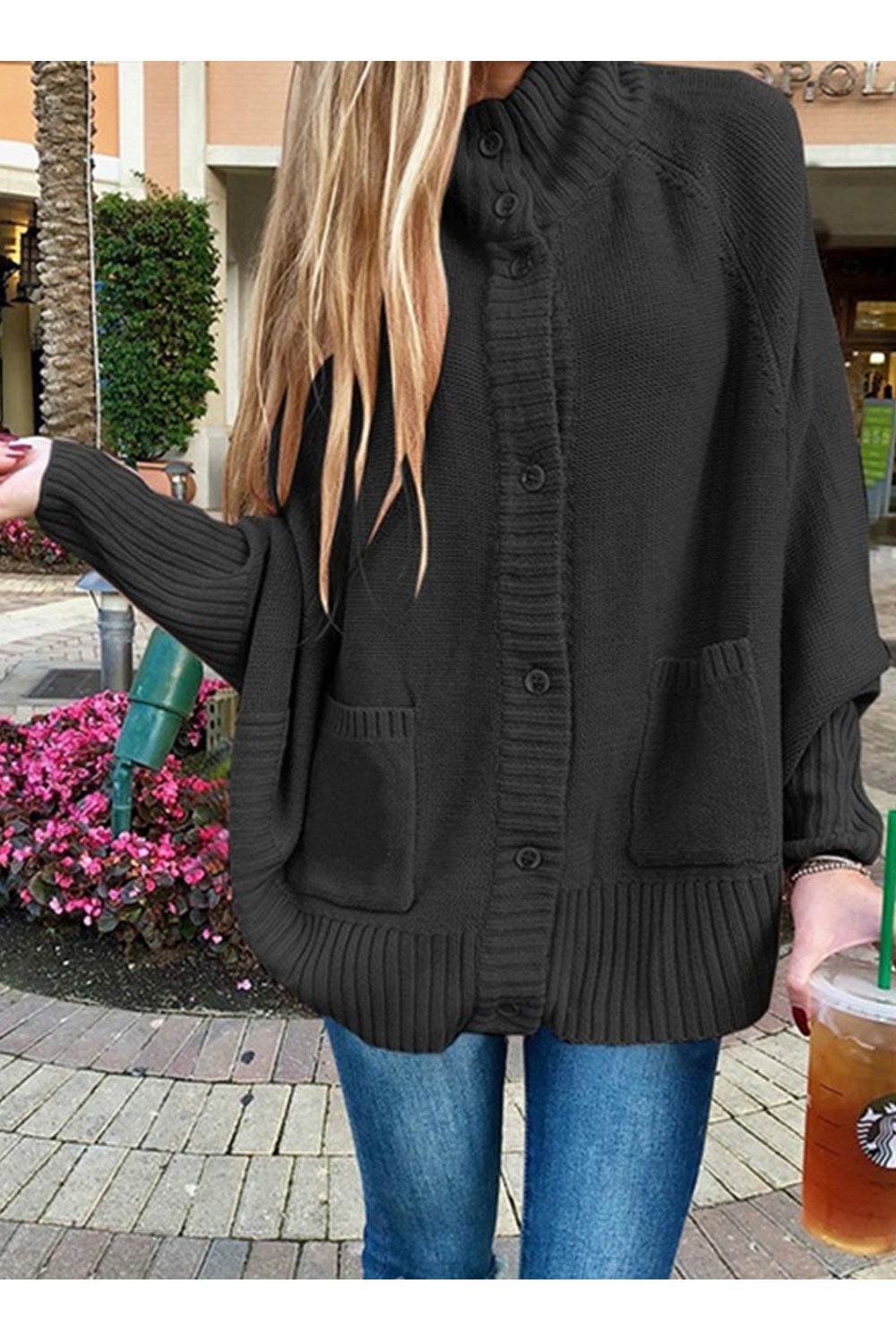 Women Lovely Warm Bat Sleeve Solid Color Cardigan