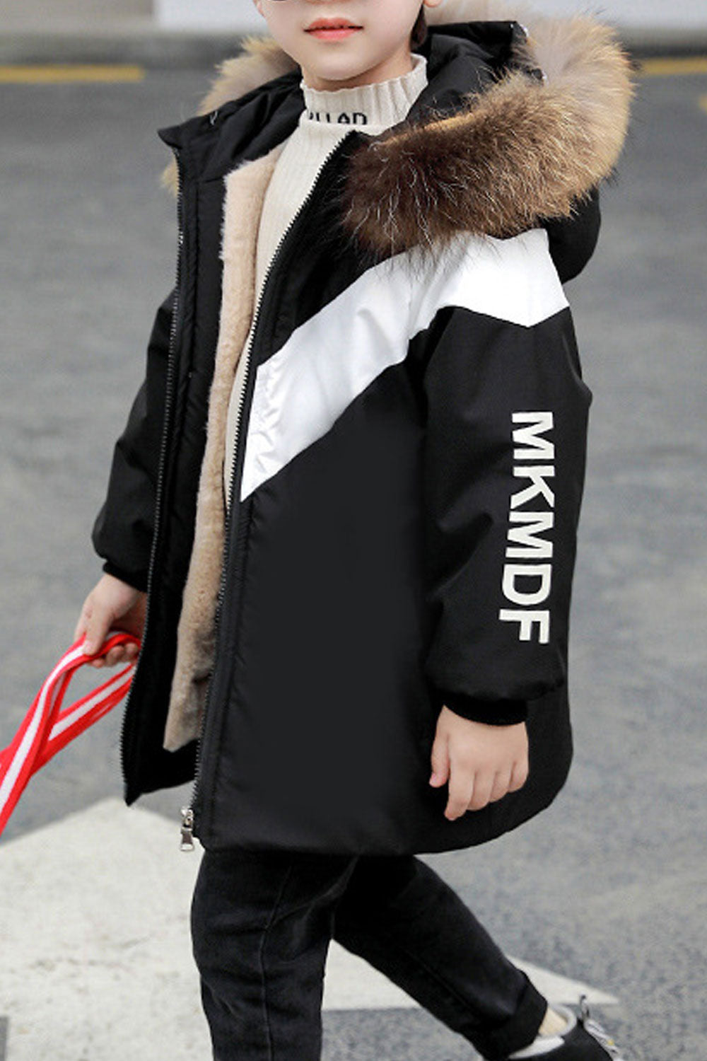 Kid Boys Fur Hoodie Zipper Down Padded Jacket
