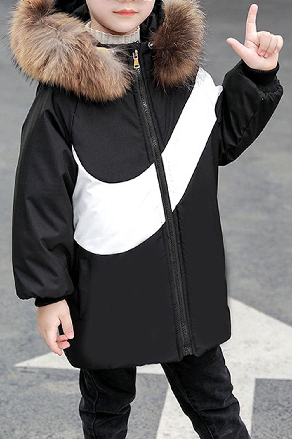 Kid Boys Fur Hoodie Zipper Down Padded Jacket