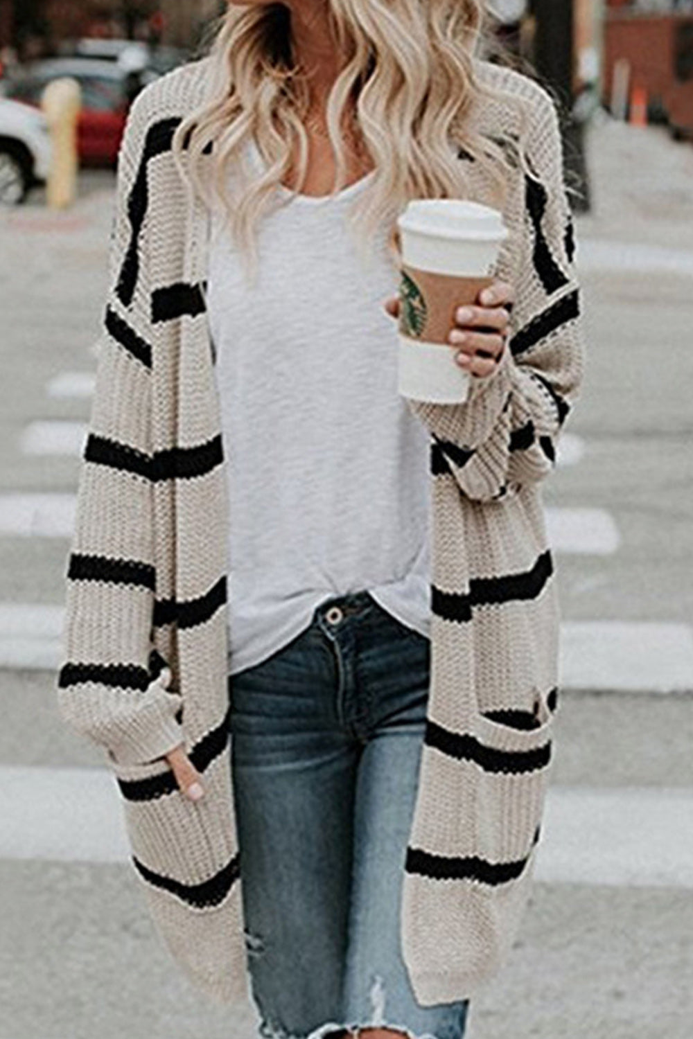 Women Thick & Warm Stripe Long Cardigan