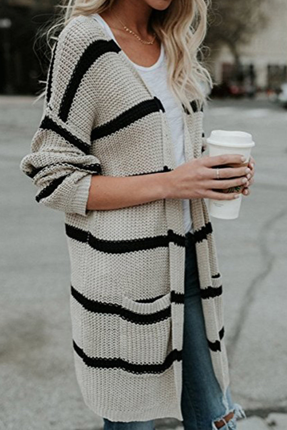 Women Thick & Warm Stripe Long Cardigan