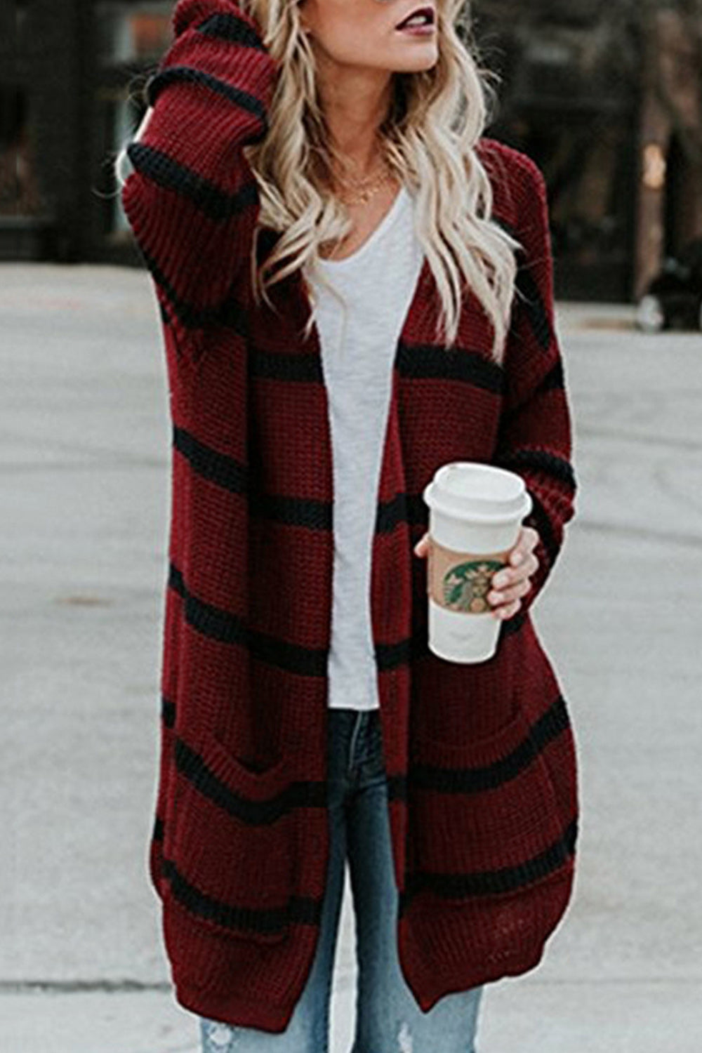 Women Thick & Warm Stripe Long Cardigan