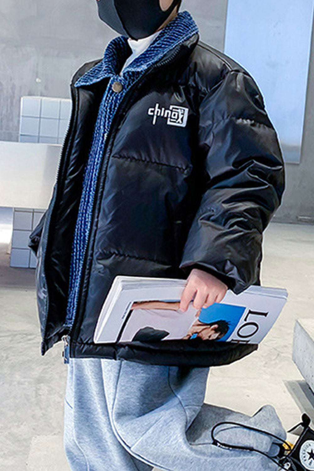 Kids Boys Awesome Denim Stitched Ribbed Cuff Letter Pattern Restful Winter Padded Jacket