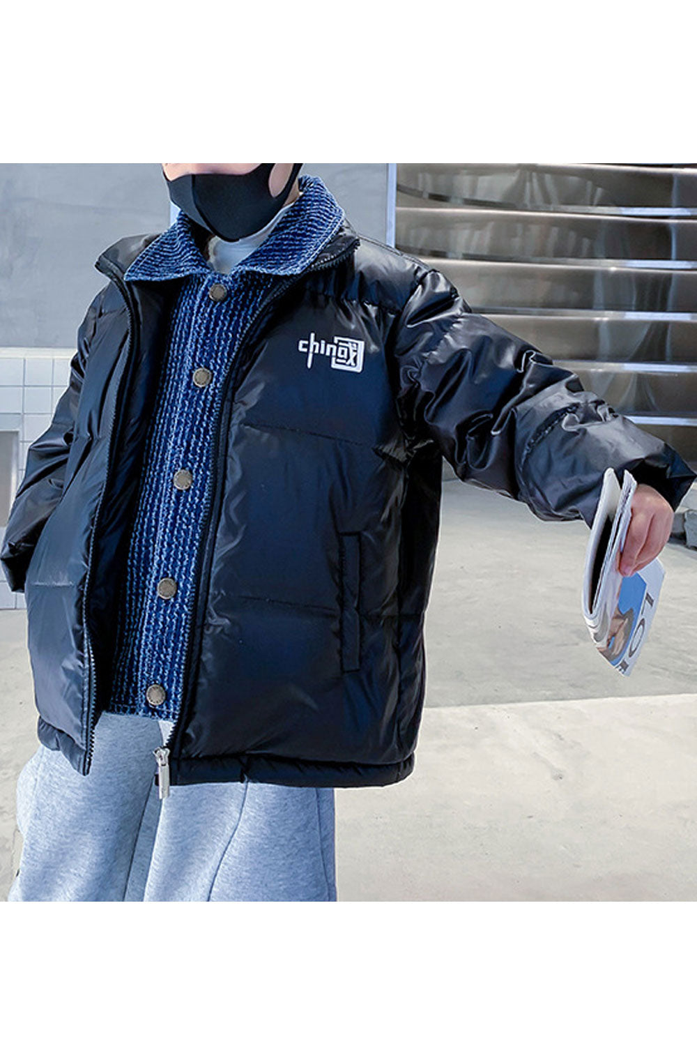 Kids Boys Awesome Denim Stitched Ribbed Cuff Letter Pattern Restful Winter Padded Jacket