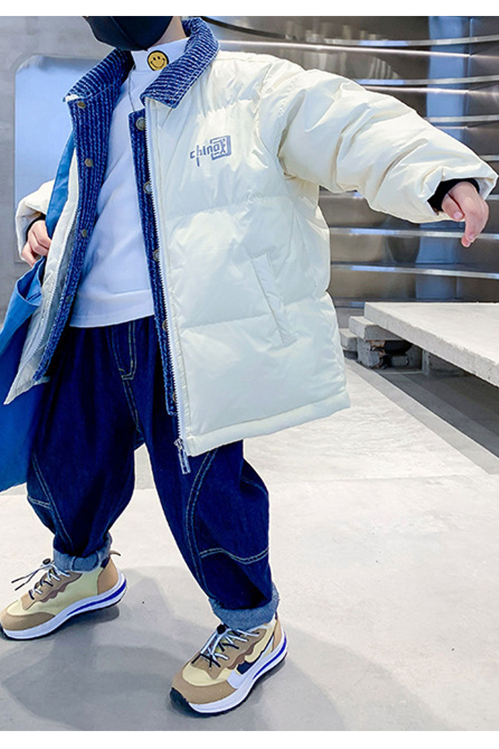 Kids Boys Awesome Denim Stitched Ribbed Cuff Letter Pattern Restful Winter Padded Jacket