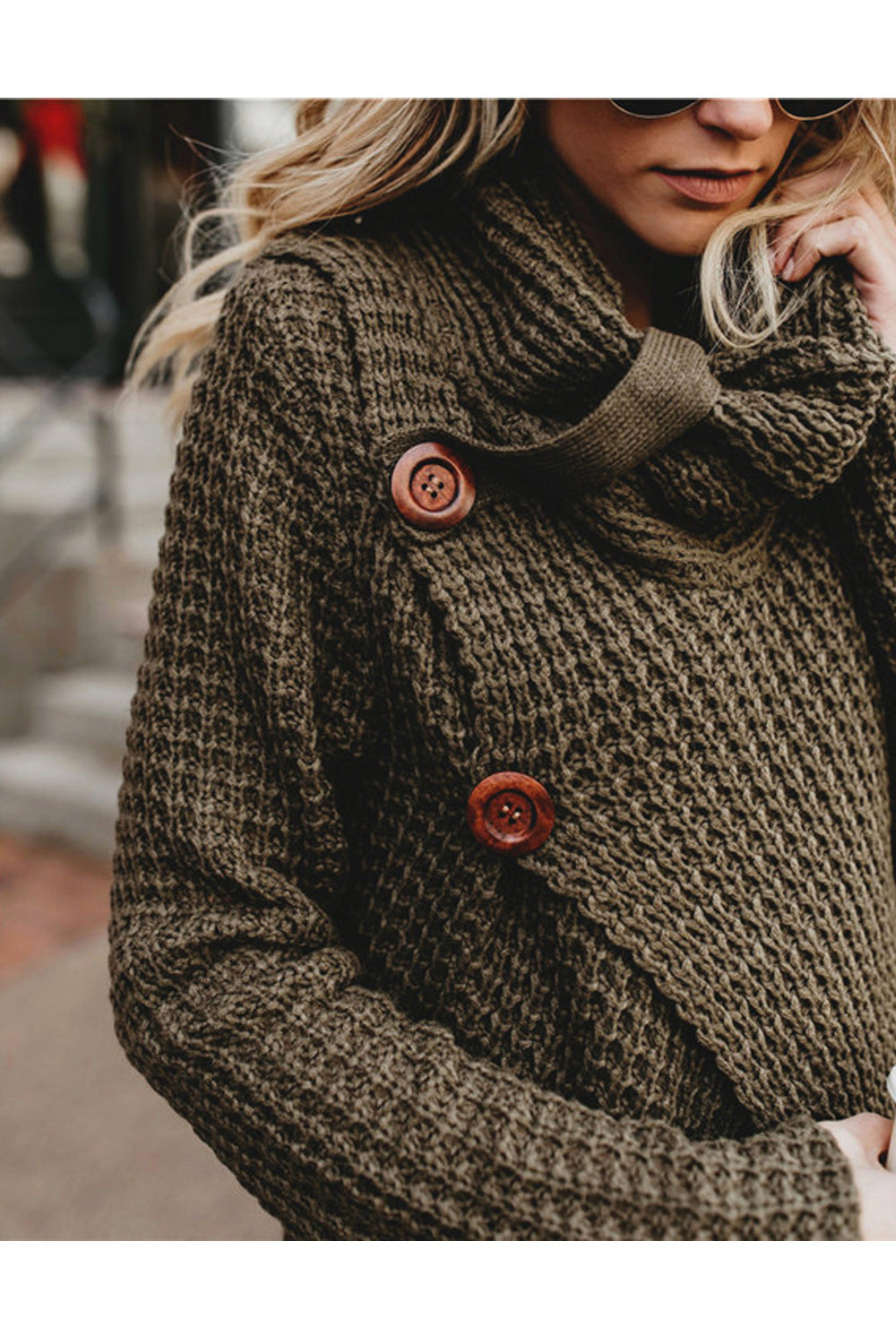 Women Classy High Collar Diagonal Button Cardigan
