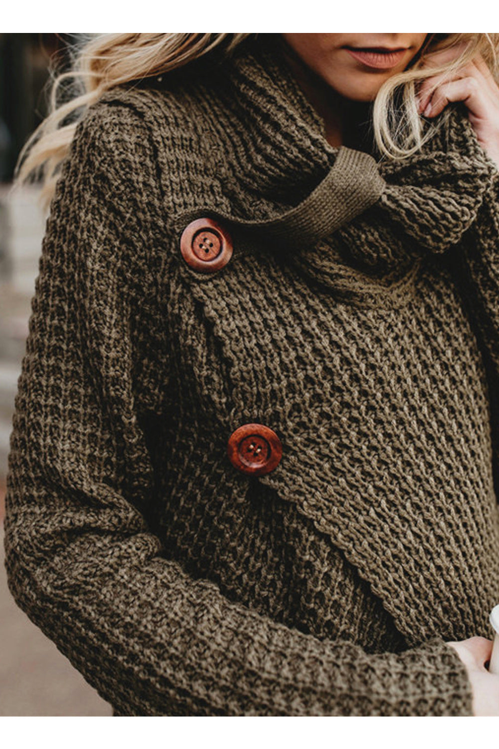 Women Classy High Collar Diagonal Button Cardigan