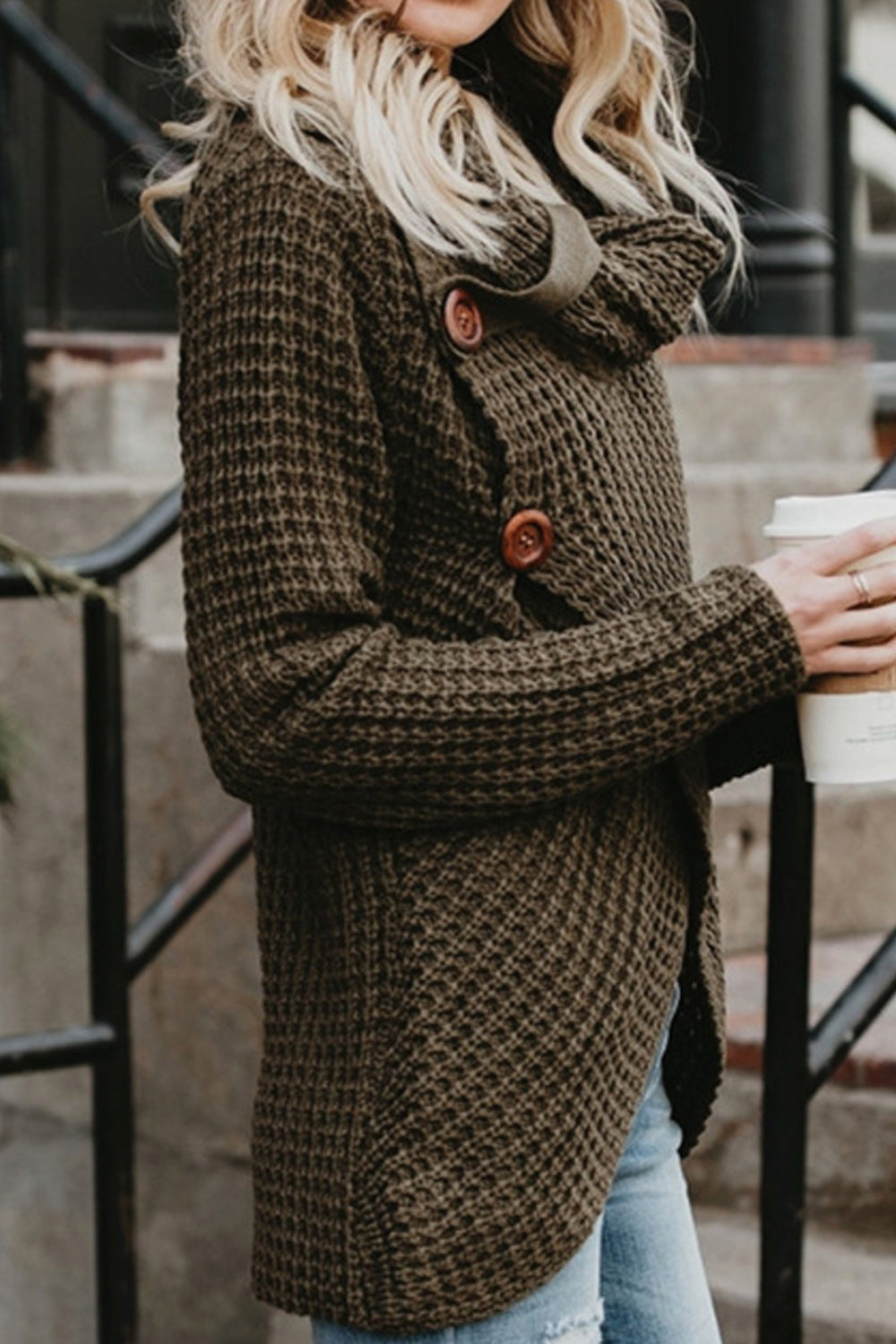 Women Classy High Collar Diagonal Button Cardigan