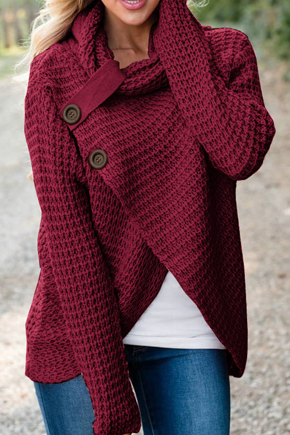 Women Classy High Collar Diagonal Button Cardigan