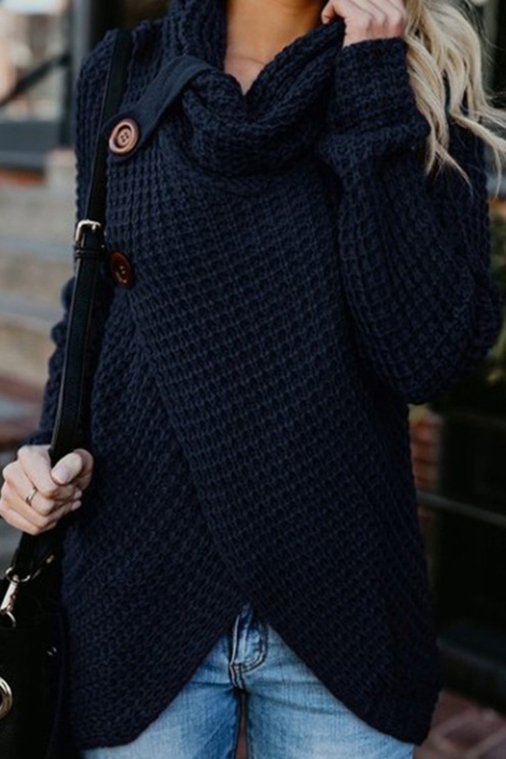 Women Classy High Collar Diagonal Button Cardigan