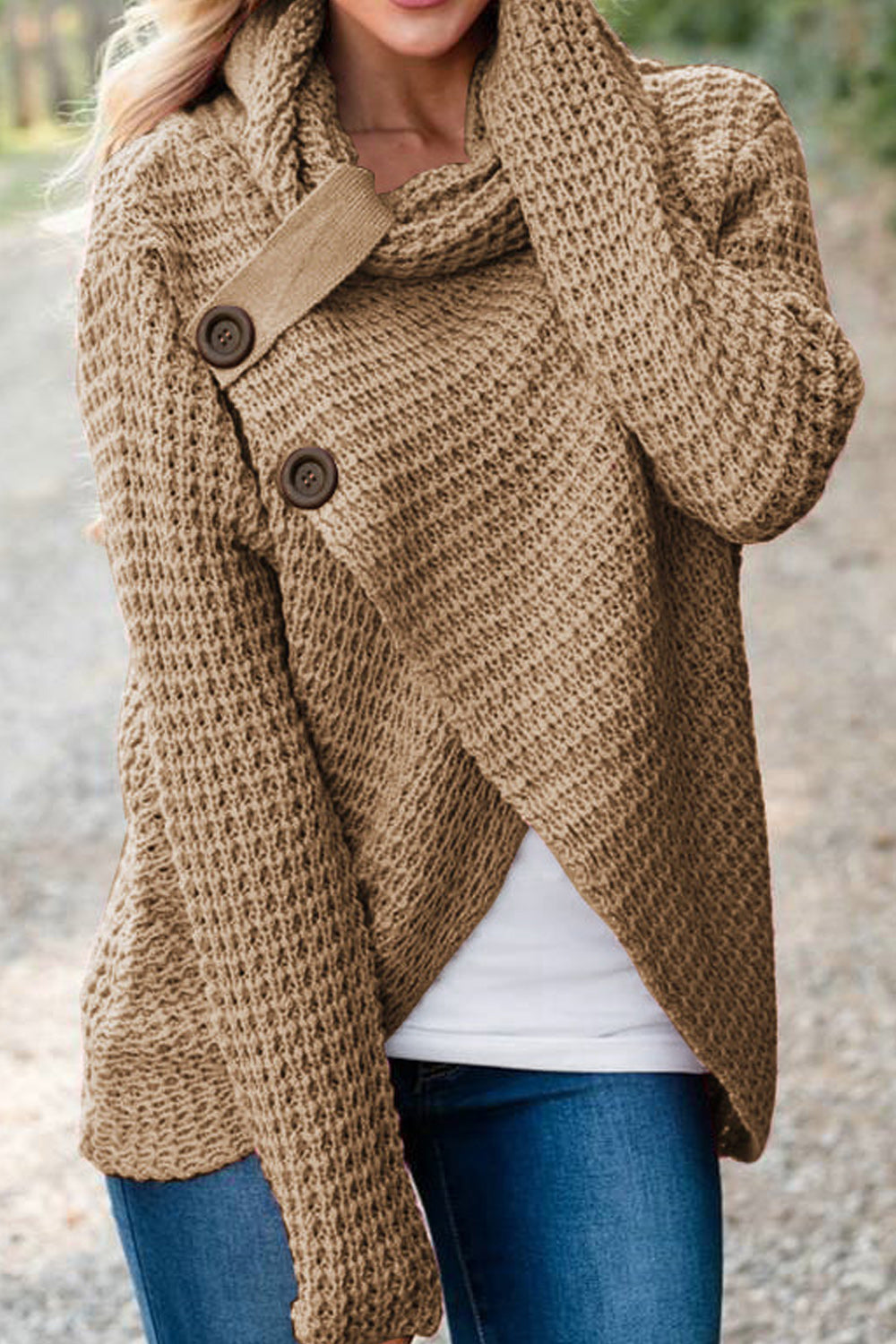 Women Classy High Collar Diagonal Button Cardigan