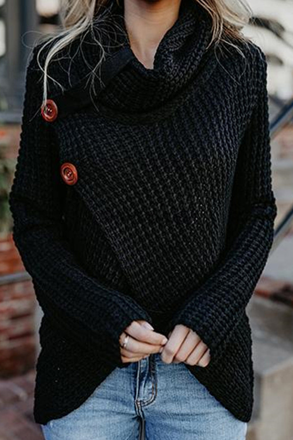 Women Classy High Collar Diagonal Button Cardigan
