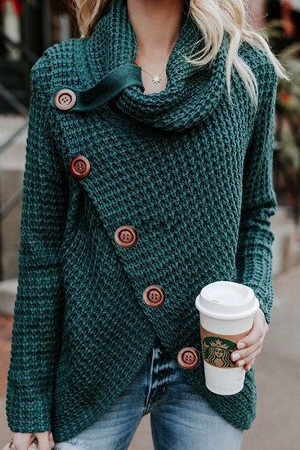 Women Classy High Collar Diagonal Button Cardigan