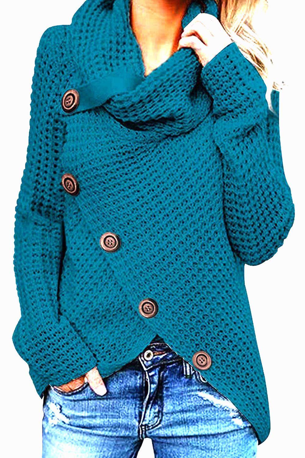 Women Classy High Collar Diagonal Button Cardigan
