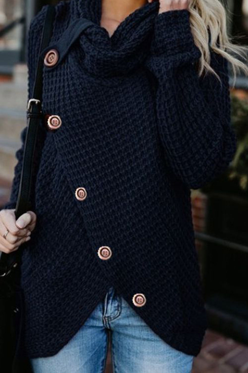Women Classy High Collar Diagonal Button Cardigan