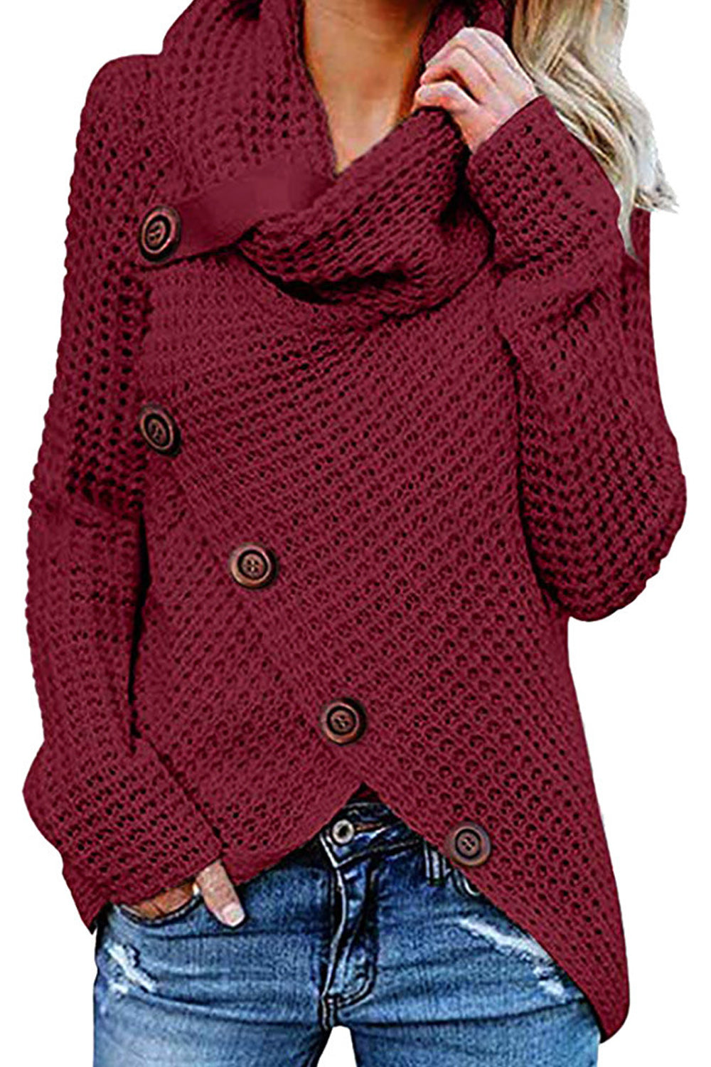 Women Classy High Collar Diagonal Button Cardigan