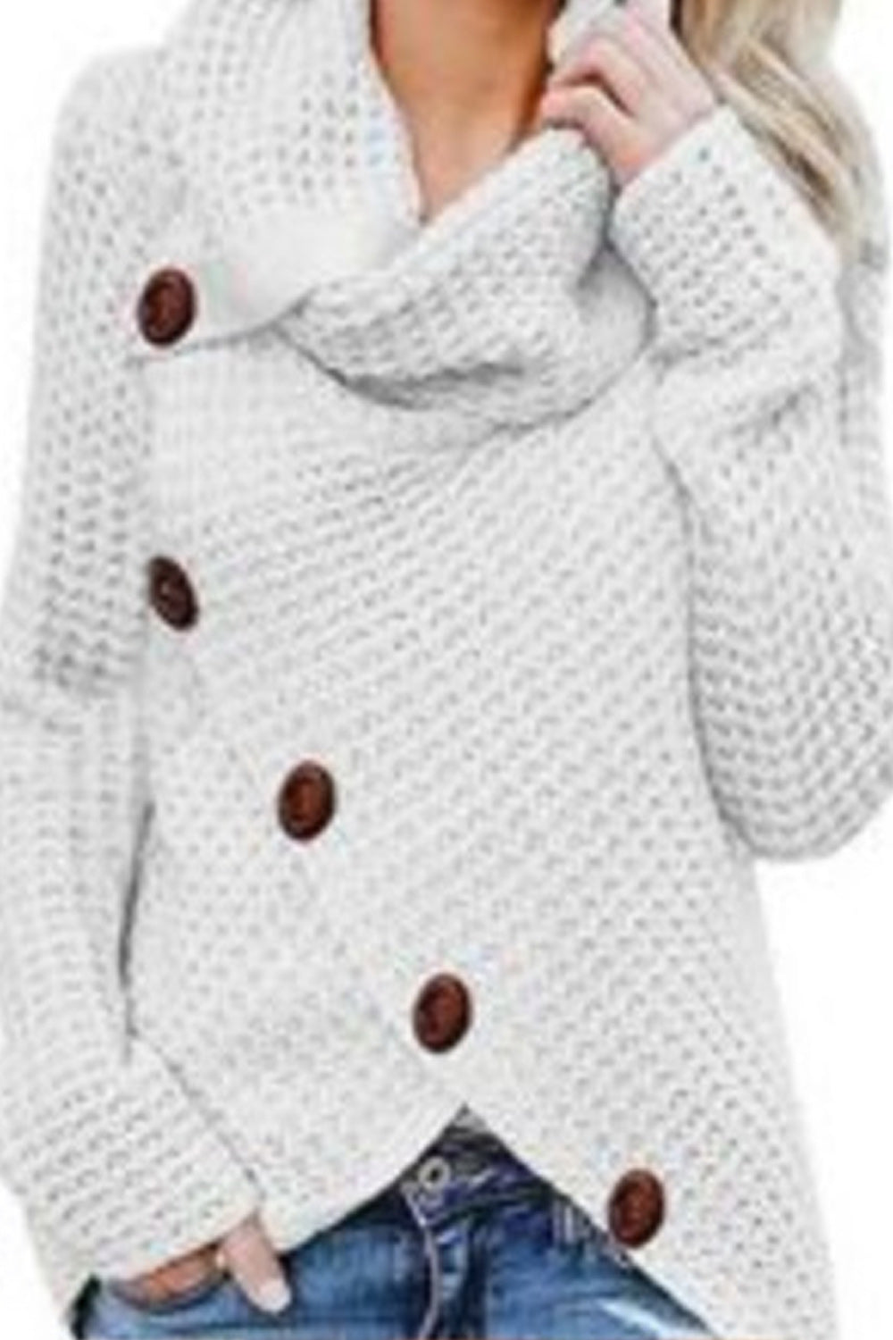 Women Classy High Collar Diagonal Button Cardigan