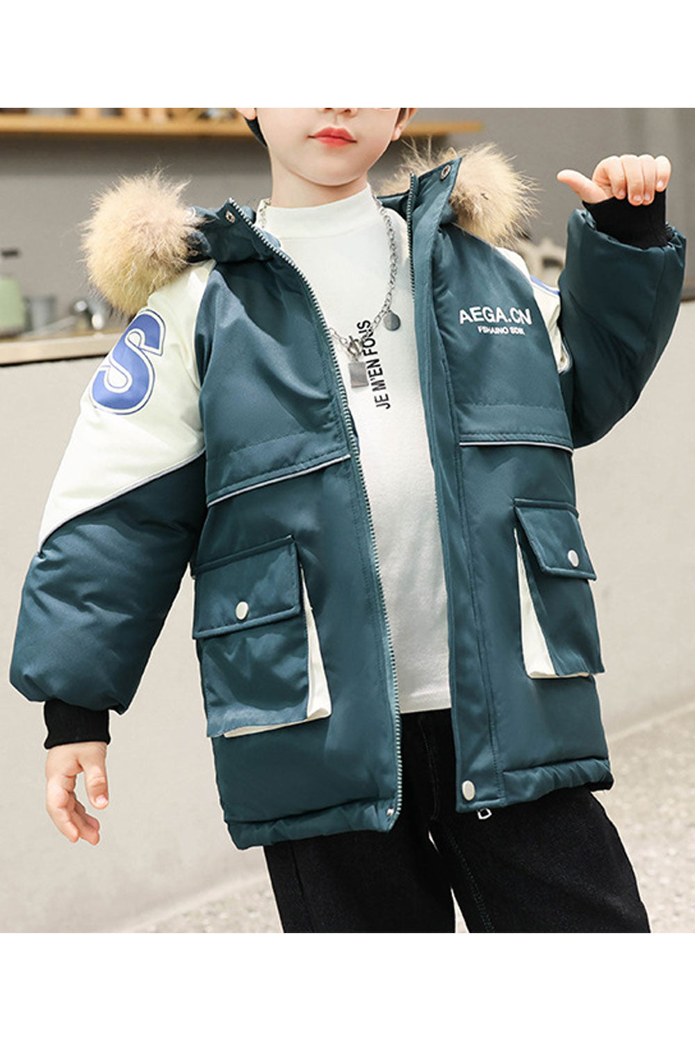 Kids Boys Side Big Square Pocket Padded Jacket