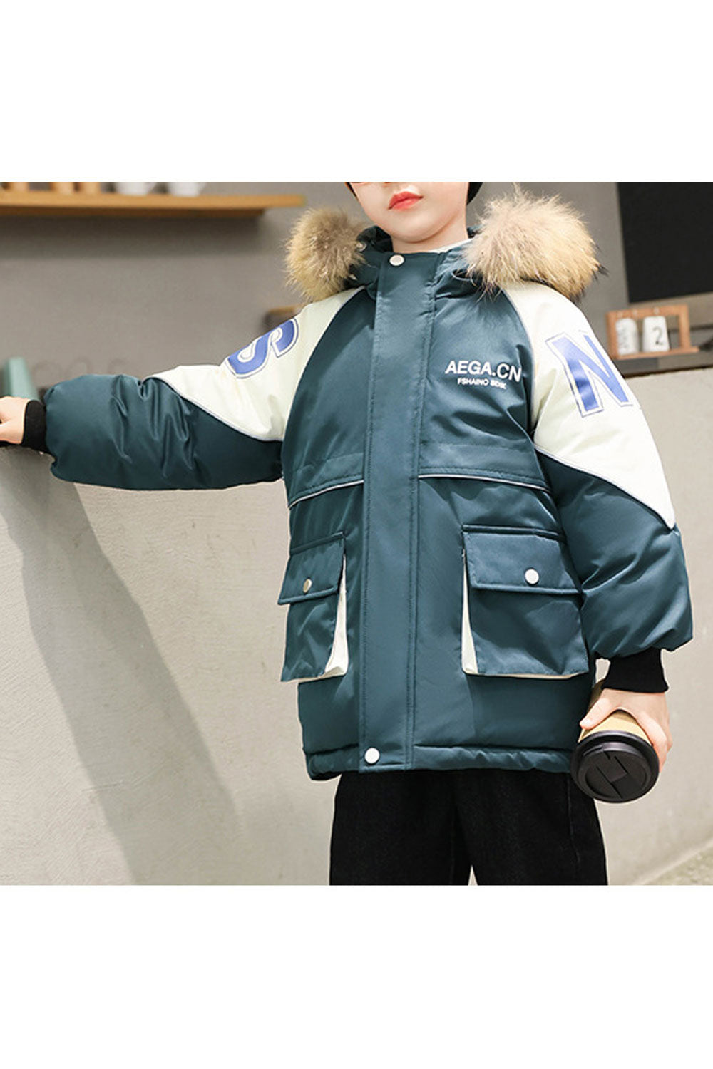 Kids Boys Side Big Square Pocket Padded Jacket