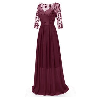 Women V-Neck Sheer Sleeves Lace Bust Long Dress