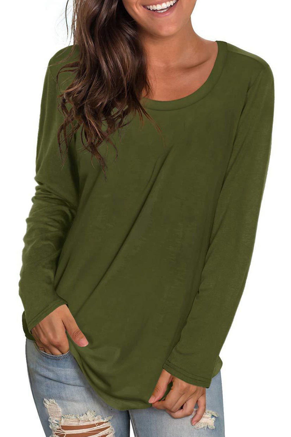 Women Relaxable Solid Pattern Round Neck Comfy Long Sleeve Casual T-Shirt