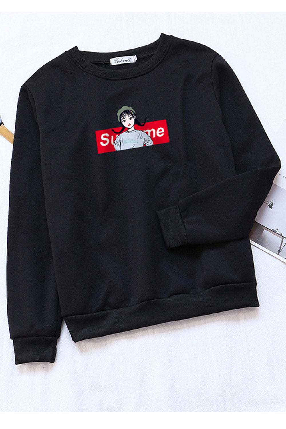 Women Pretty Printed Pattern Ribbed Hem Round Neck Winter Sweatshirt