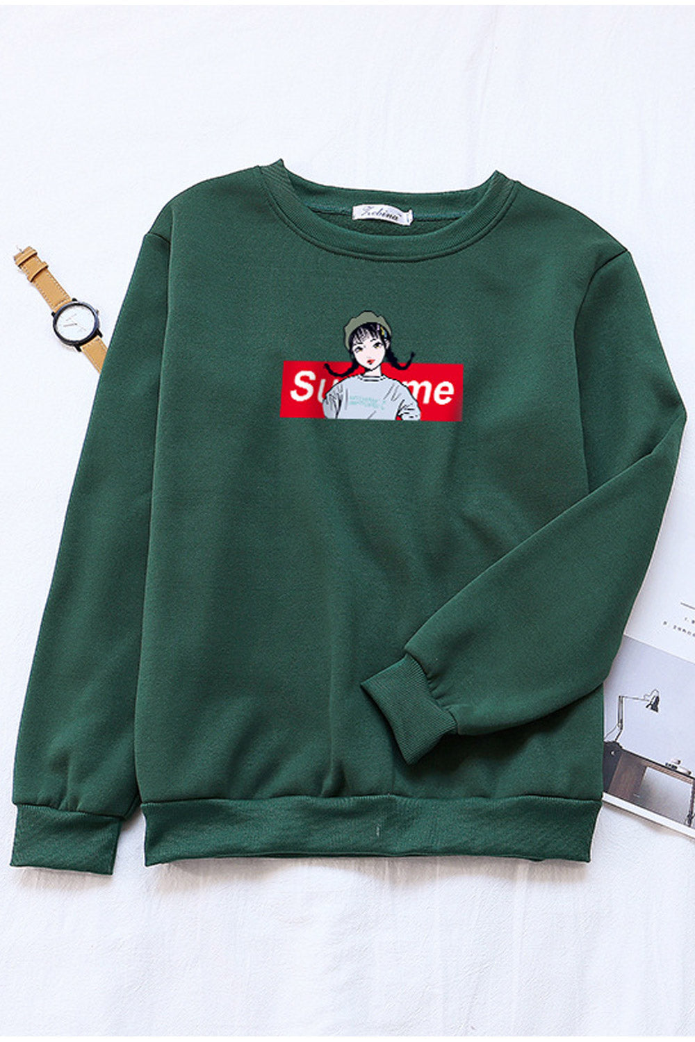 Women Pretty Printed Pattern Ribbed Hem Round Neck Winter Sweatshirt