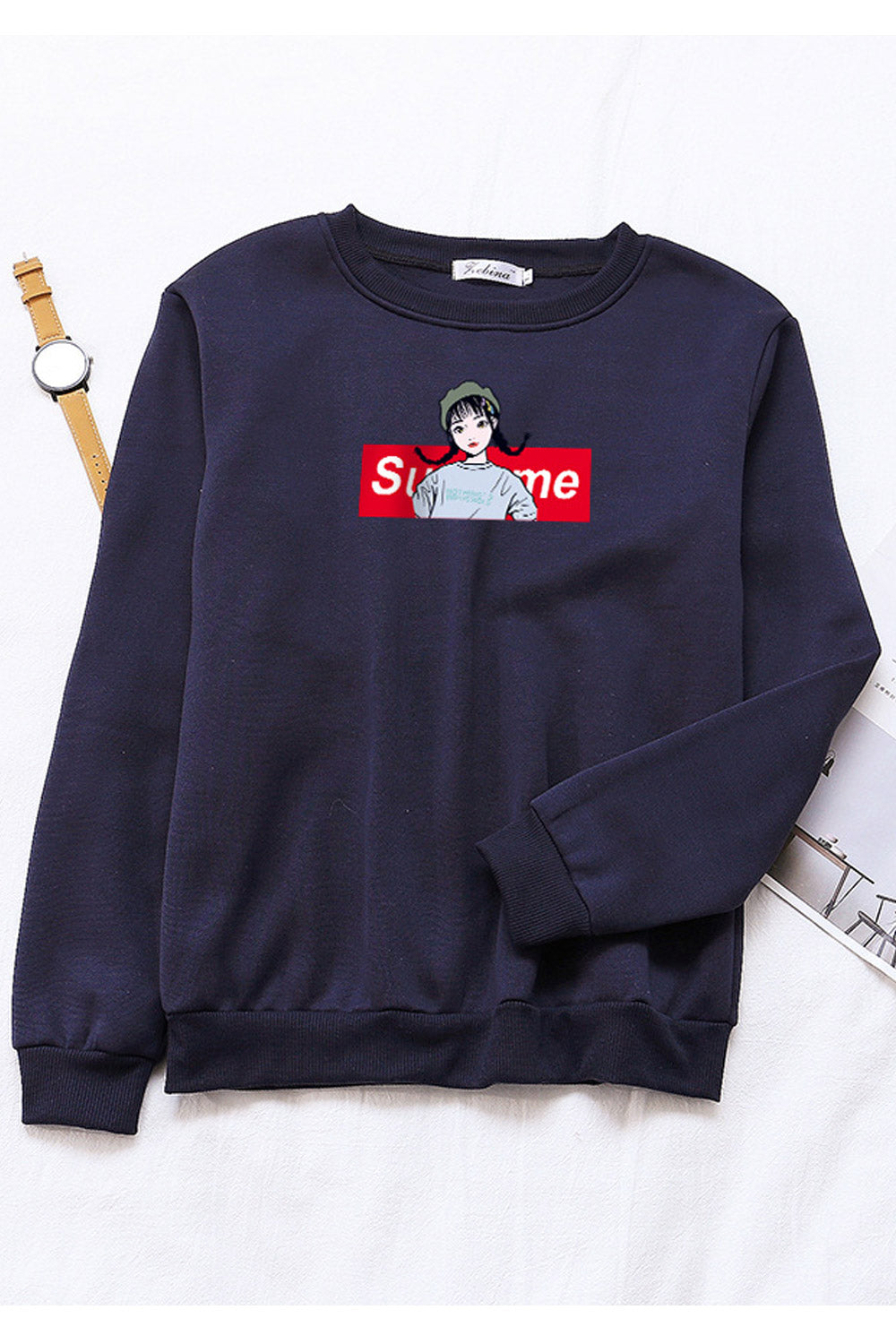 Women Pretty Printed Pattern Ribbed Hem Round Neck Winter Sweatshirt