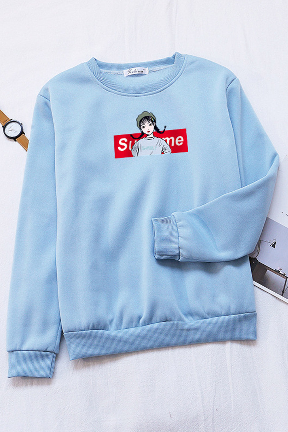 Women Pretty Printed Pattern Ribbed Hem Round Neck Winter Sweatshirt