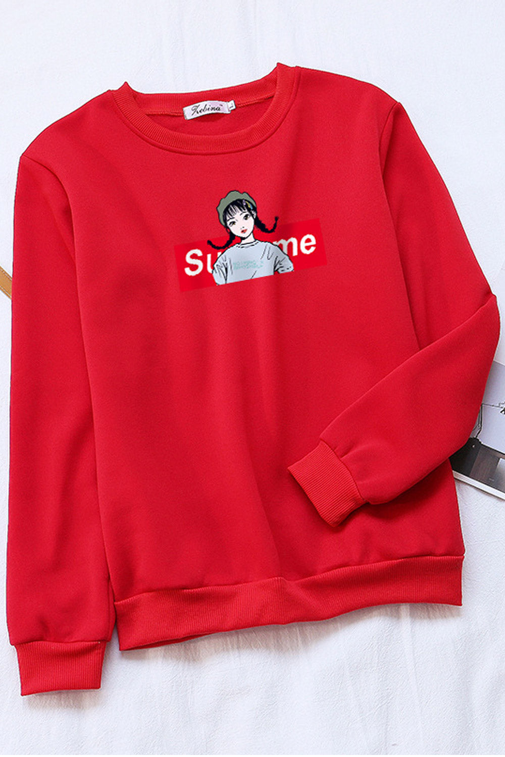 Women Pretty Printed Pattern Ribbed Hem Round Neck Winter Sweatshirt