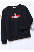 Women Pretty Printed Pattern Ribbed Hem Round Neck Winter Sweatshirt