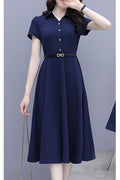 Women Superb Short Sleeve Button Closure Along Collar Neck Beautiful Summer Swing Skirt Dress