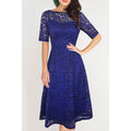Women Boat Neck Lace Decorated Short Sleeve Dress