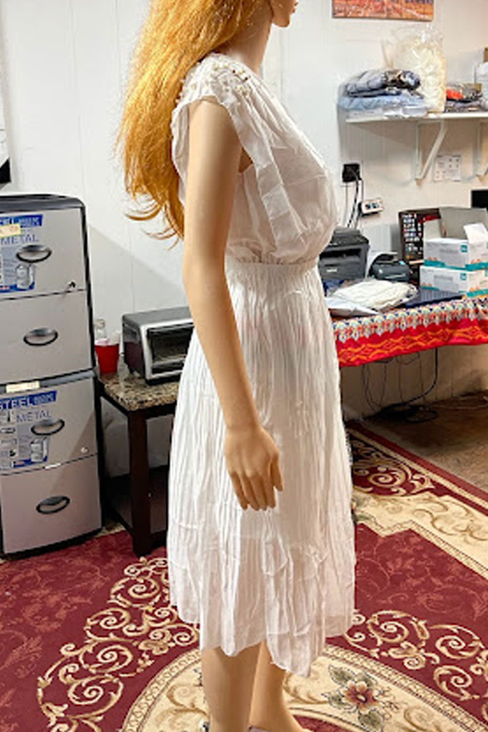 Women Cup Sleeves Loose Waist Pleats Design Waist Dress