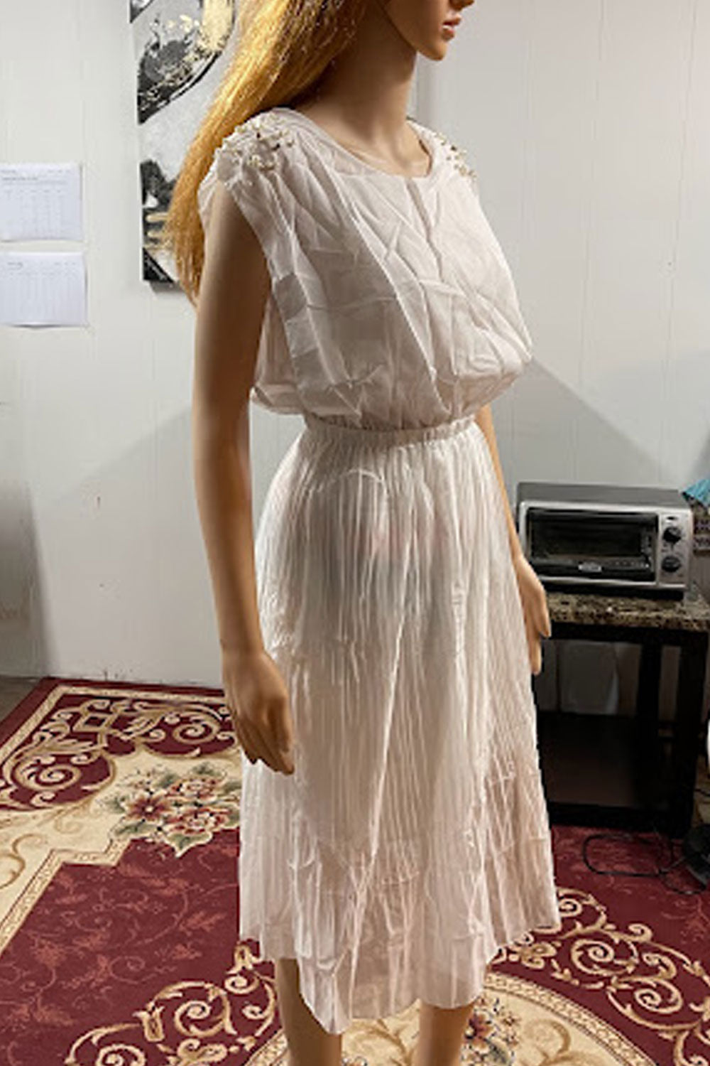 Women Cup Sleeves Loose Waist Pleats Design Waist Dress