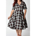 Women V-Neck Folded Sleeve Swing Plaid Dress