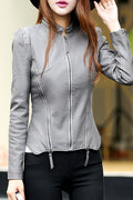 Women Punk Collar Solid Colored Long Sleeve Zipper Trendy PU Leather Jacket