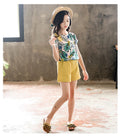 Kids Girls Leaf Printed Short Sleeve Two Piece Elastic Waist Summer Outfit Set
