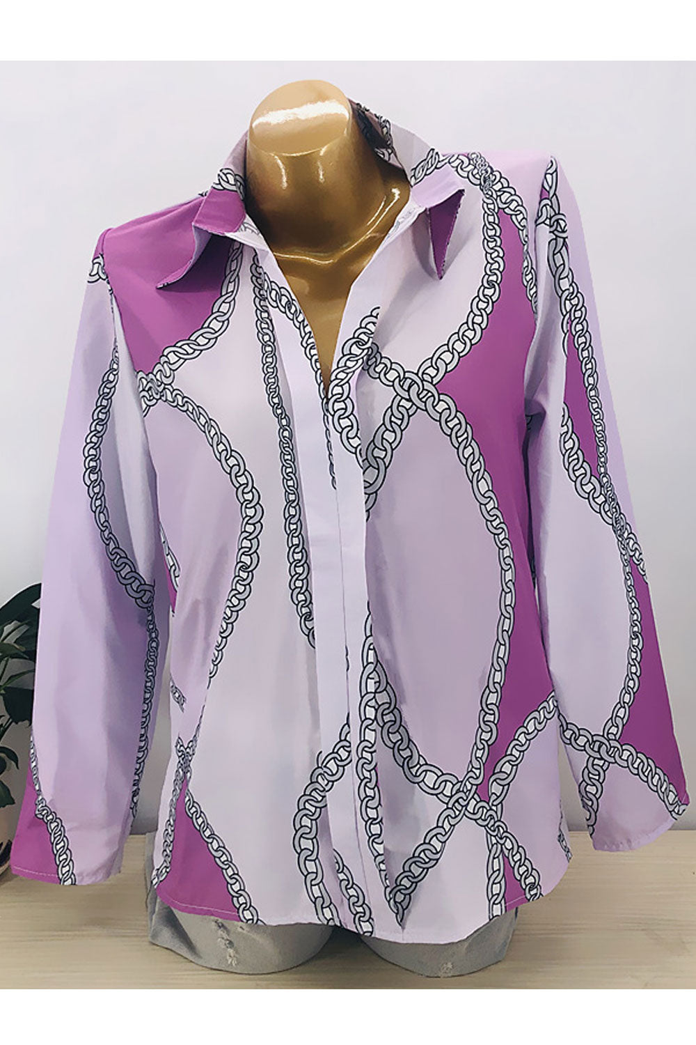 Women Fancy Chain Printed Collar Neck Simple Long Sleeve Easily Wearable Light Weight Shirt