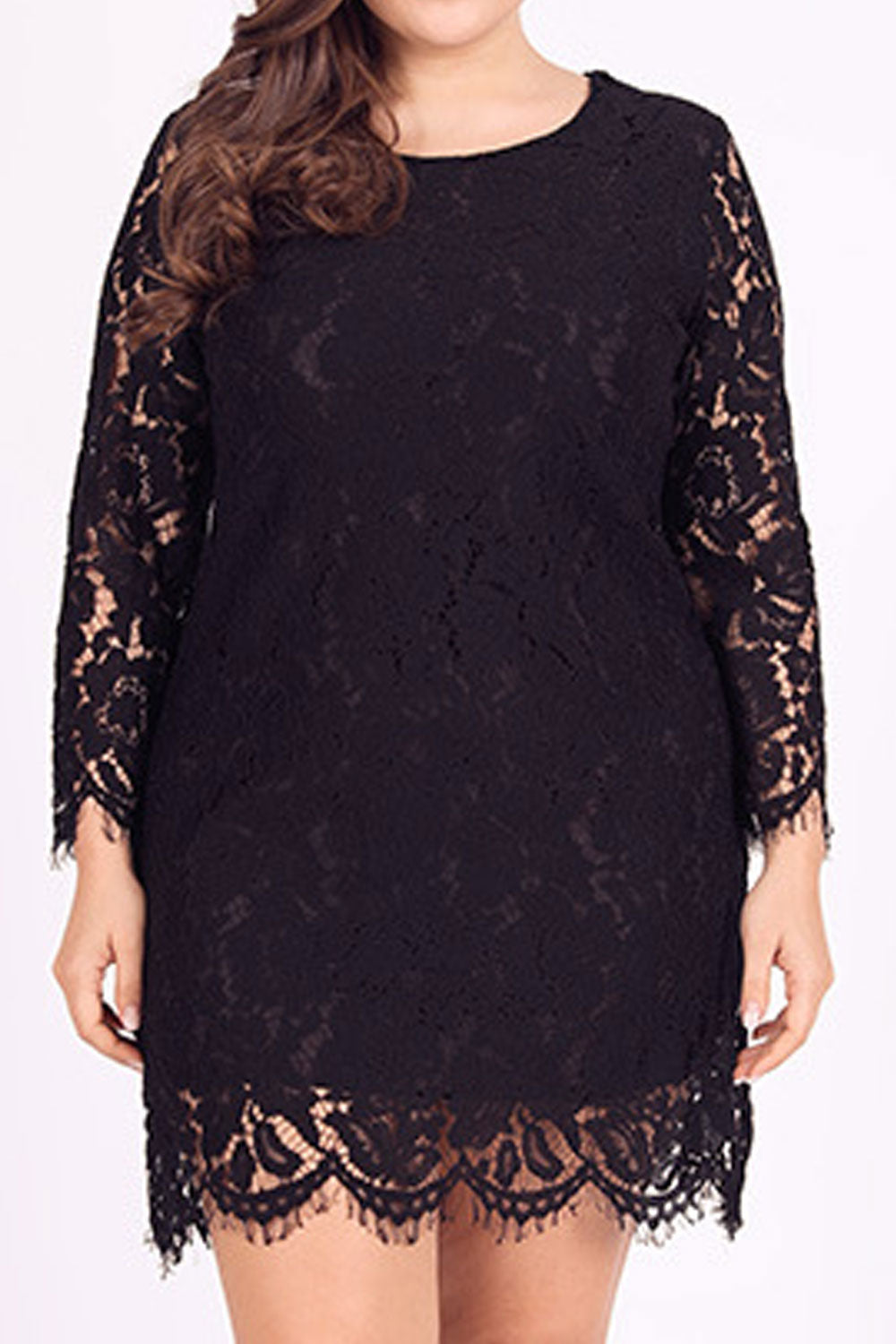 Women Fabulous Floral Lace Decorated Long Sleeve Round Neck Appealing Dress