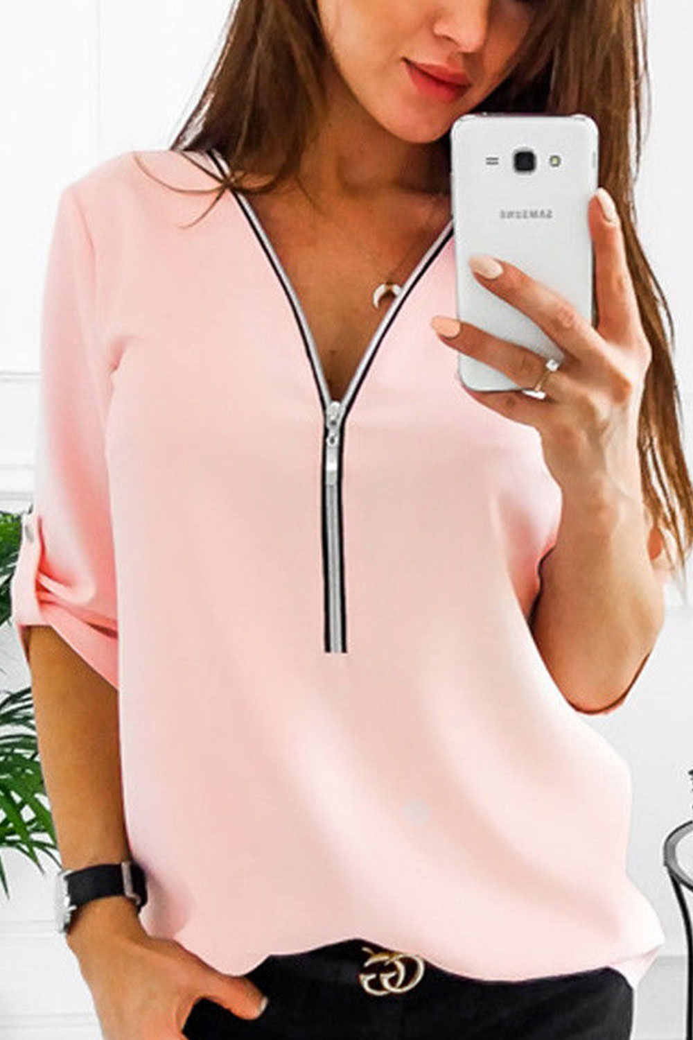 Women Restful Zip Closure Long Sleeve Strap Button Adjustable Pullover Comfy Blouse