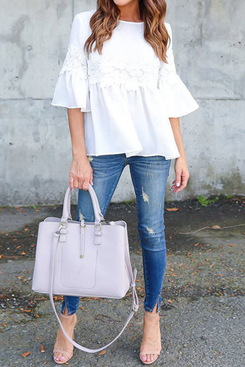 Women Flower Lace Cute Round Neck Solid Colored Half Trumpet Sleeve Casual Top