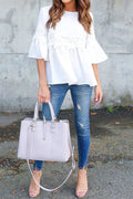Women Flower Lace Cute Round Neck Solid Colored Half Trumpet Sleeve Casual Top