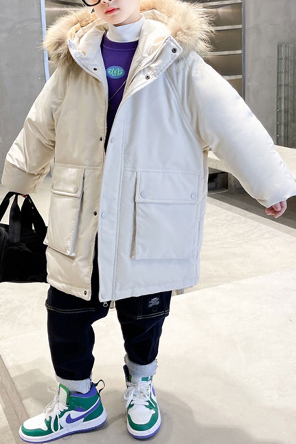 Kids Boys Comfy Solid Pattern Reliable Flap Pockets Winter Windbreaker Padded Jacket
