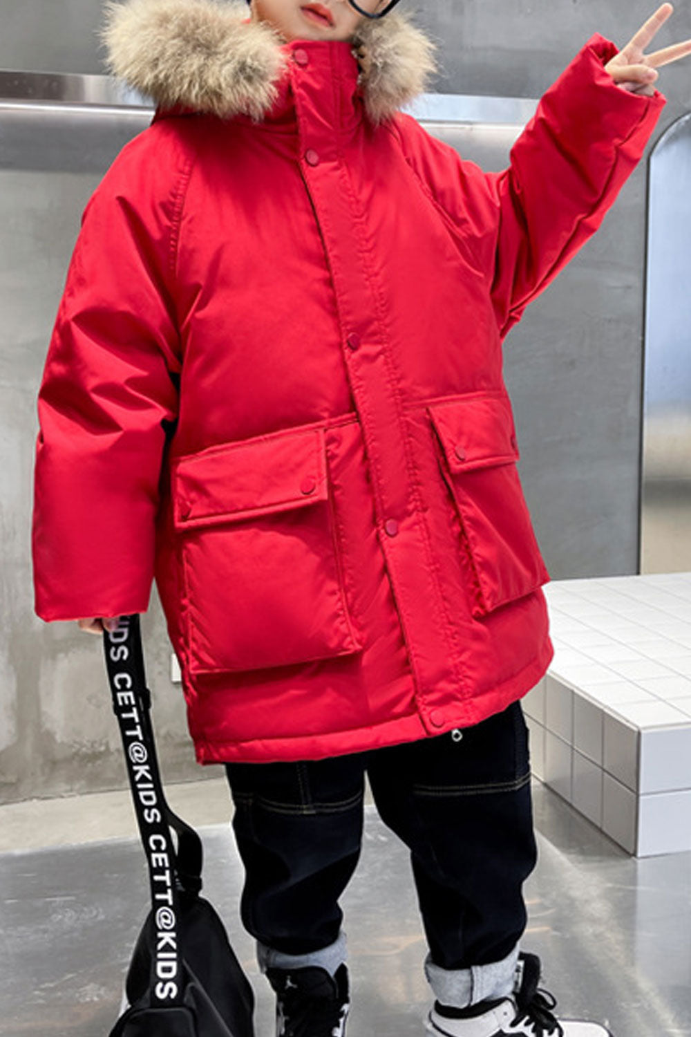 Kids Boys Comfy Solid Pattern Reliable Flap Pockets Winter Windbreaker Padded Jacket